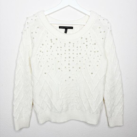 White House Black Market Cream Cable Knit Pearl Embellished Sweater XS - Picture 2 of 10